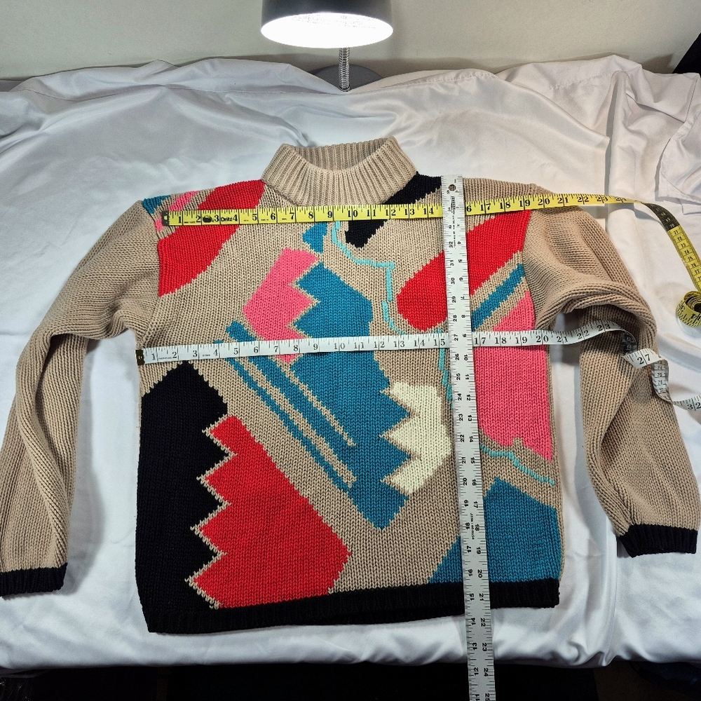 Vintage 80s 90s Adam French Chunky Knit Sweater Geometric Abstract Mock Neck Med - Picture 7 of 9